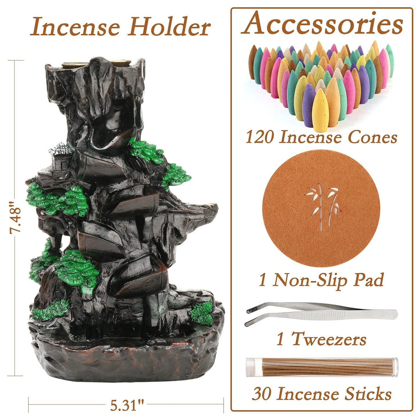 Jueison Dual Sided Mountain Backflow Incense Burner Resin Waterfall Incense Holders Cone Stick Holder with 120 Incense Cones + 30 Incense Sticks + 1 Mat + 1 Tweezers for Home Office Decor Gift