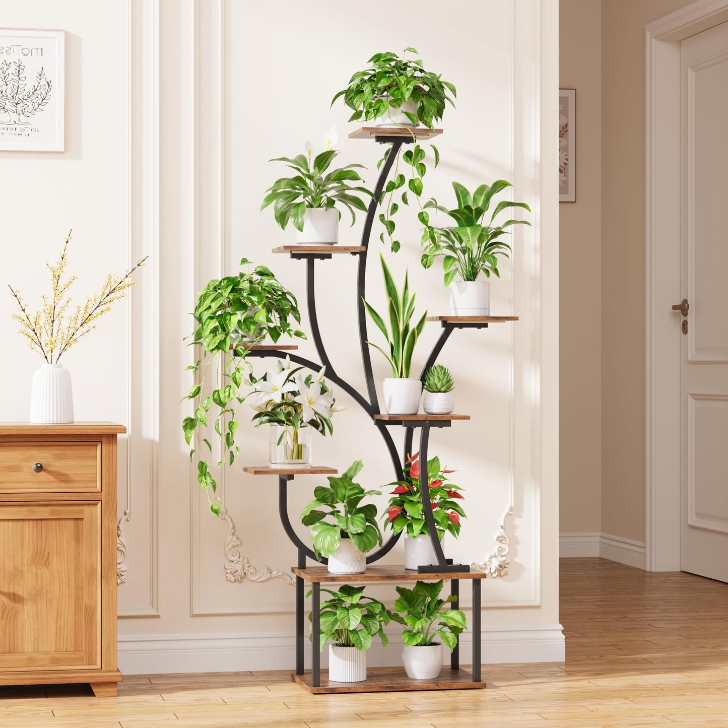 Plant Stand Indoor with Grow Lights - Lighted Plant Shelf Indoor, 63" Tall Plant Stands for Indoor Growing, 8 Tier Corner Flower Display Shelf, Large Tree-Shaped Holder for Living Room Bedroom Black