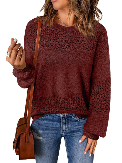 Lylinan Womens Sweaters Casual Boho Long Sleeve Shirts Crewneck Lightweight Crochet Tops Pullover Knit Sweater