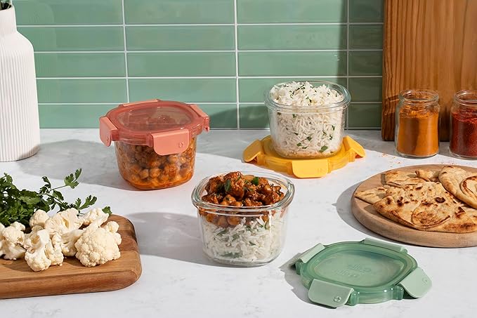 Ello Color Lock 2 Cup 6PC, 3 Pack Glass Meal Prep Sets Leak-Proof Glass Food