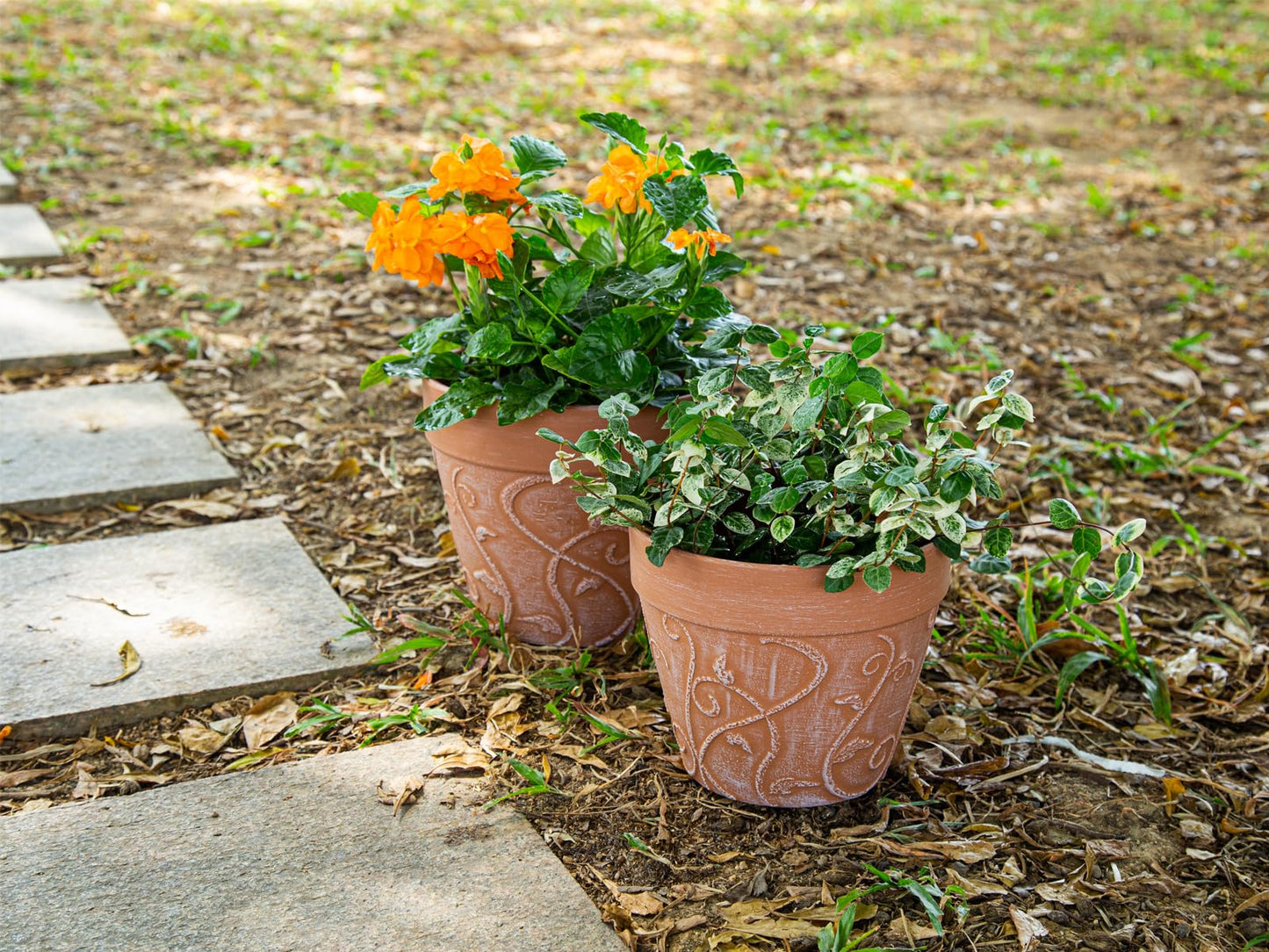 Melphoe Plant Pots Indoor with Drainage & Saucer, 2Pack 7/8 inch Flower Pots Outdoor Planters for Indoor Plants Garden Home Decor Cactus Succulent, Rigid Plastic (Imitation-Terracotta) Vine-Embossed