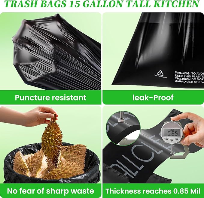 Trash Bags 15 Gallon Tall Kitchen Drawstring Garbage Bags, Fit 13-15 Gal Bins
