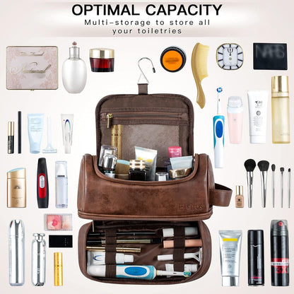 Elviros Water-Resistant Leather Toiletry Bag for Men Large Double-Layer Travel Wash Bag Shaving Dopp Kit Bathroom Gym Toiletries Makeup Organizer,Gift for Men (Dark Brown)
