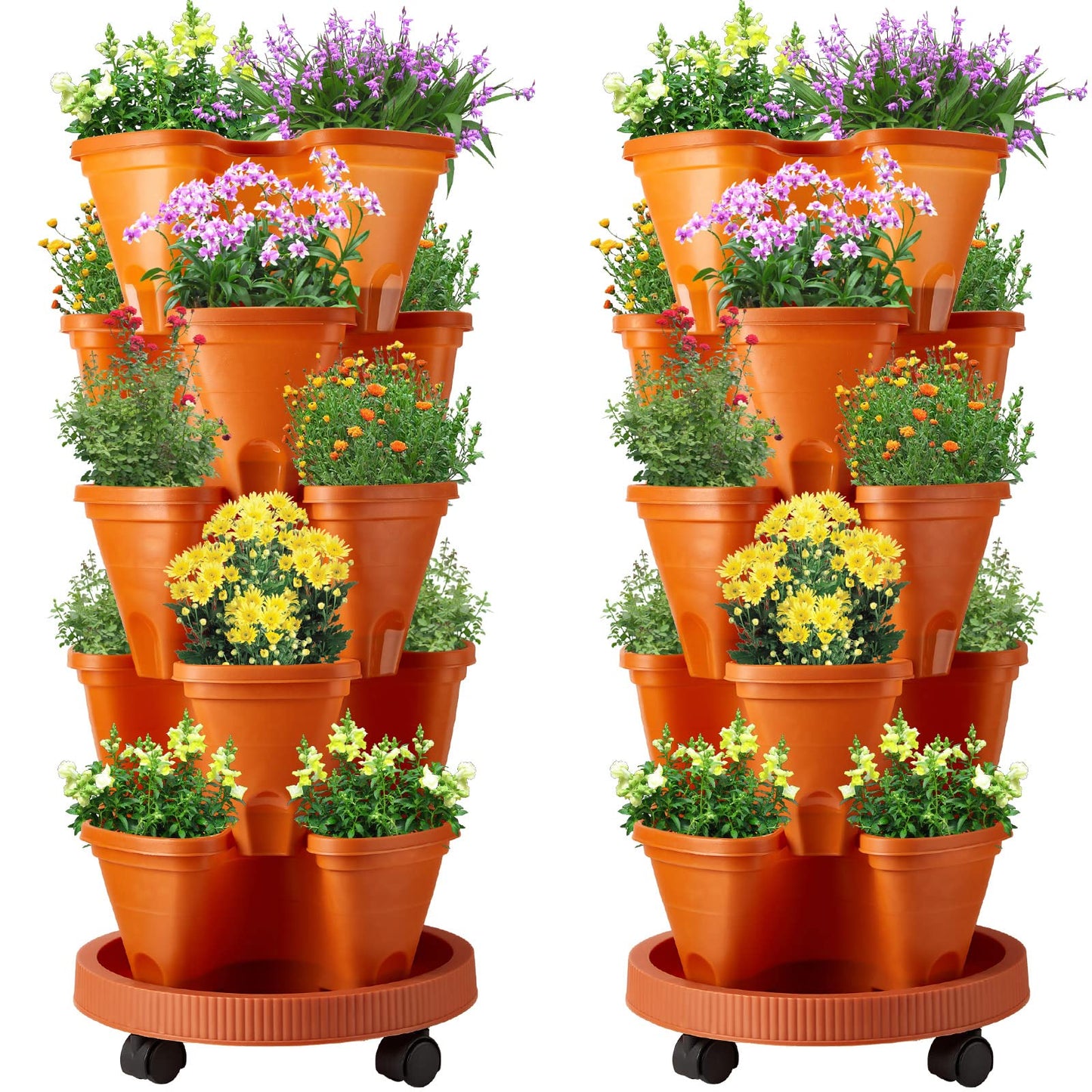 Umigy 2 Set 5 Tier Stackable Planters Vertical Garden Planters for Strawberry Herb Flower and Vegetable Indoor Outdoor Gardening Pots with Removable Wheels and Bottom(Terracotta)