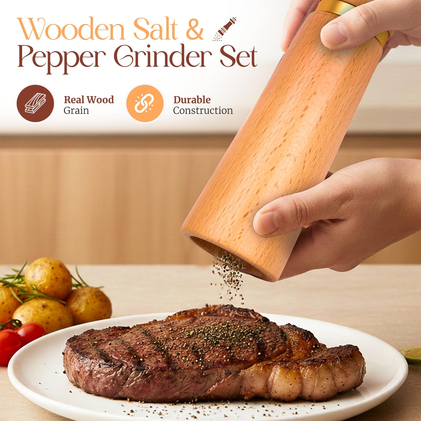 Besti Wooden Salt and Pepper Grinder Set with Tray - Striped Acacia Refillable Grinders for Salt, Pepper, Seasonings, Reusable Pepper & Salt Mill - Kitchen & Dining Table (7" Beech)