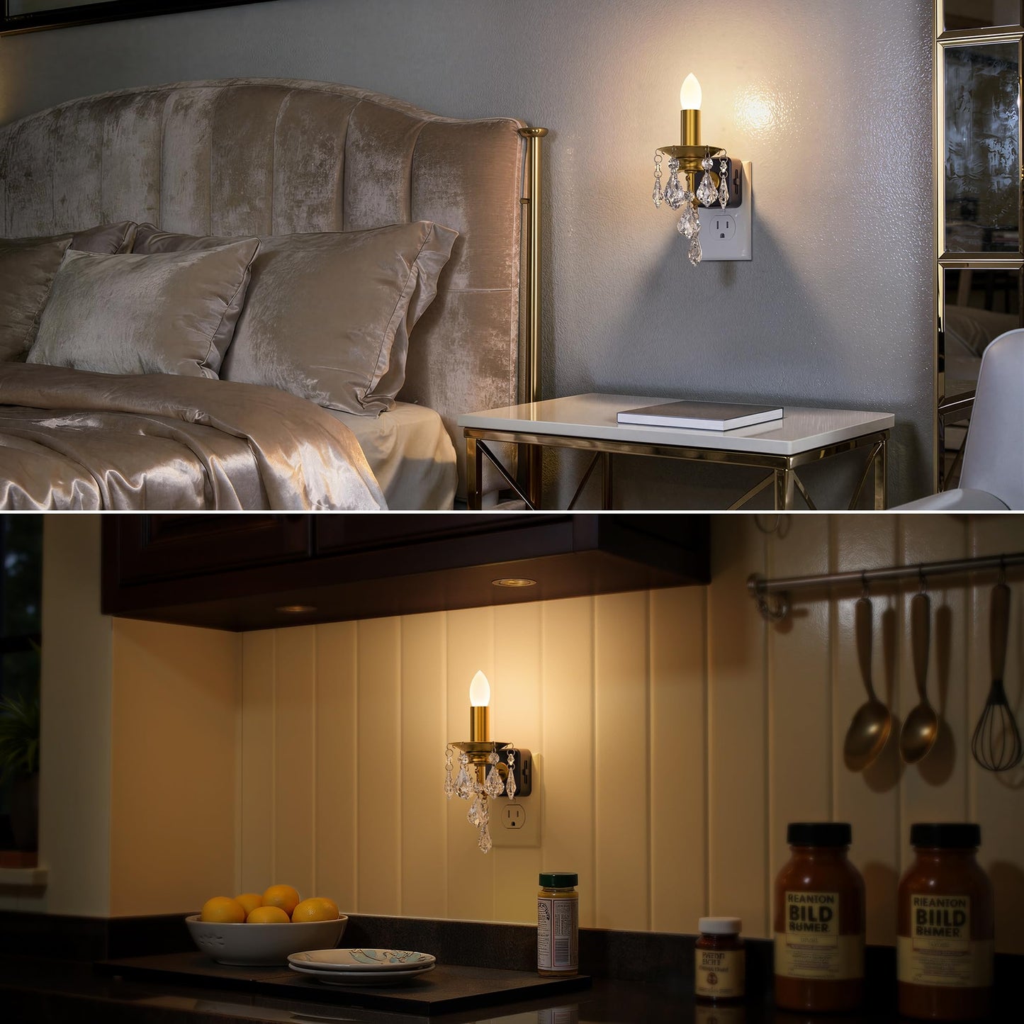 Briignite Chandelier Night Lights Plug into Wall, LED Warm Night Light with Dusk to Dawn Sensor, 0-100LM Dimmable, Decorative Gold Candle-Style Nightlight for Bedroom, Bathroom, Hallway, Stairway