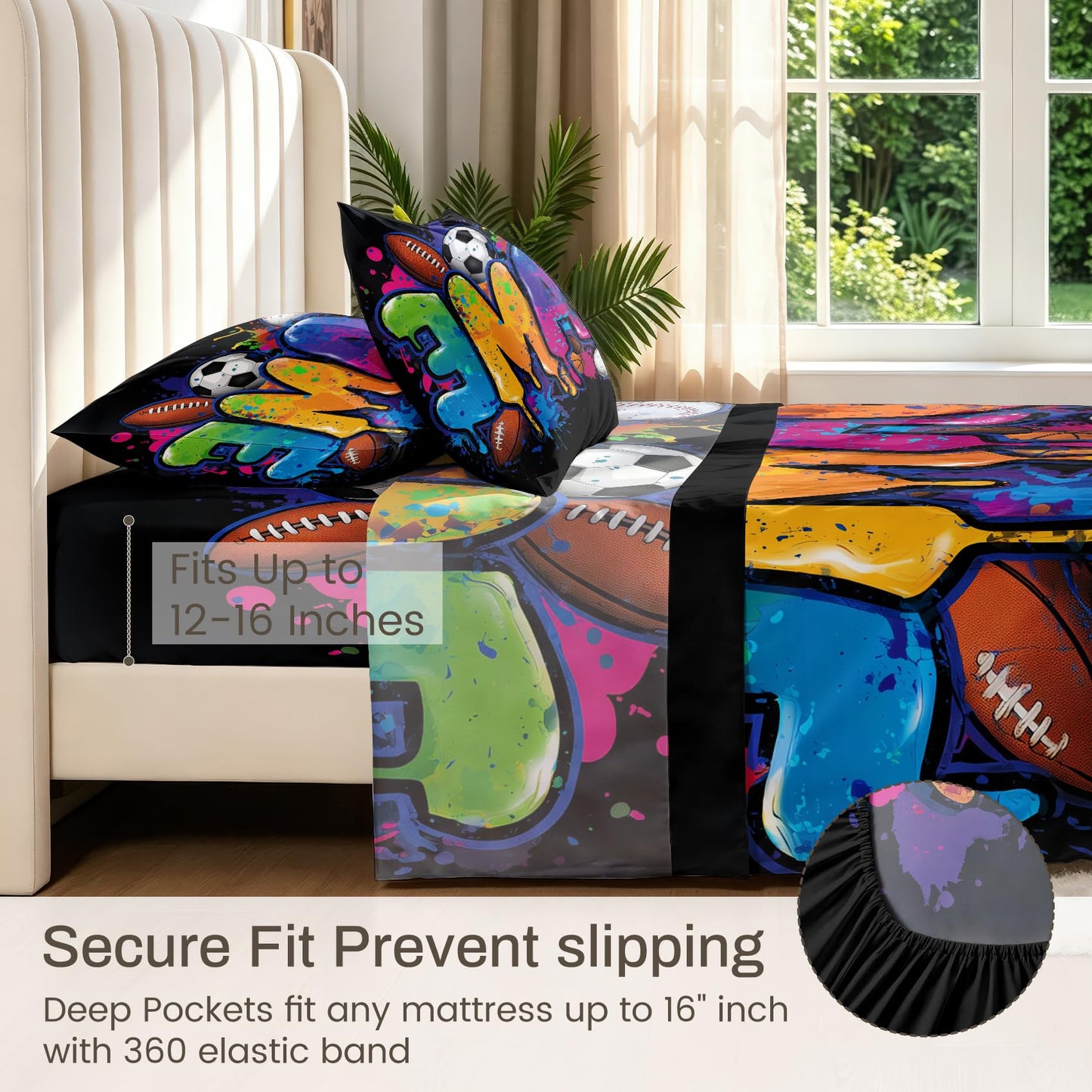 Ball Sports Twin Sheet Set 3 Pcs Graffiti Game Bed Sheets, Black Blue