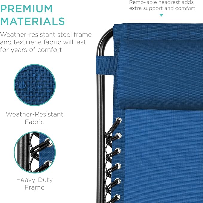Best Choice Products Set of 2 Adjustable Steel Mesh Zero Gravity Lounge Chair Recliners w/Pillows and Cup Holder Trays - Marine Blue/Black