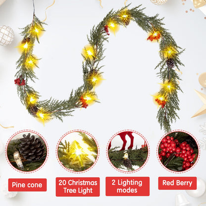 HUZIYAHAN Prelit Christmas Garland with Lights 9FT Christmas Tree Lighted Garland Outdoor Indoor Battery Operated Garland for Mantel Table Porch Stair Wall Winter Home Holiday Christmas Decorations