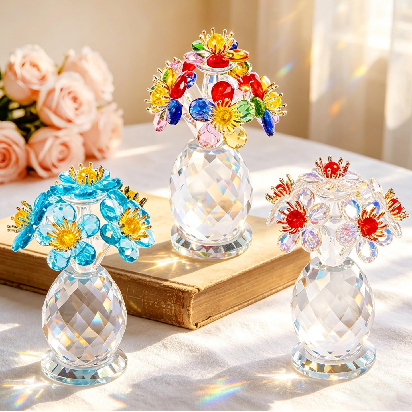 Anxingo Crystal Flower Figurine, Handmade Eternal Glass Flower (AB Color)
