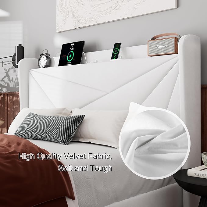 Feonase Full Bed Frame with Charging Station, Velvet Upholstered Platform