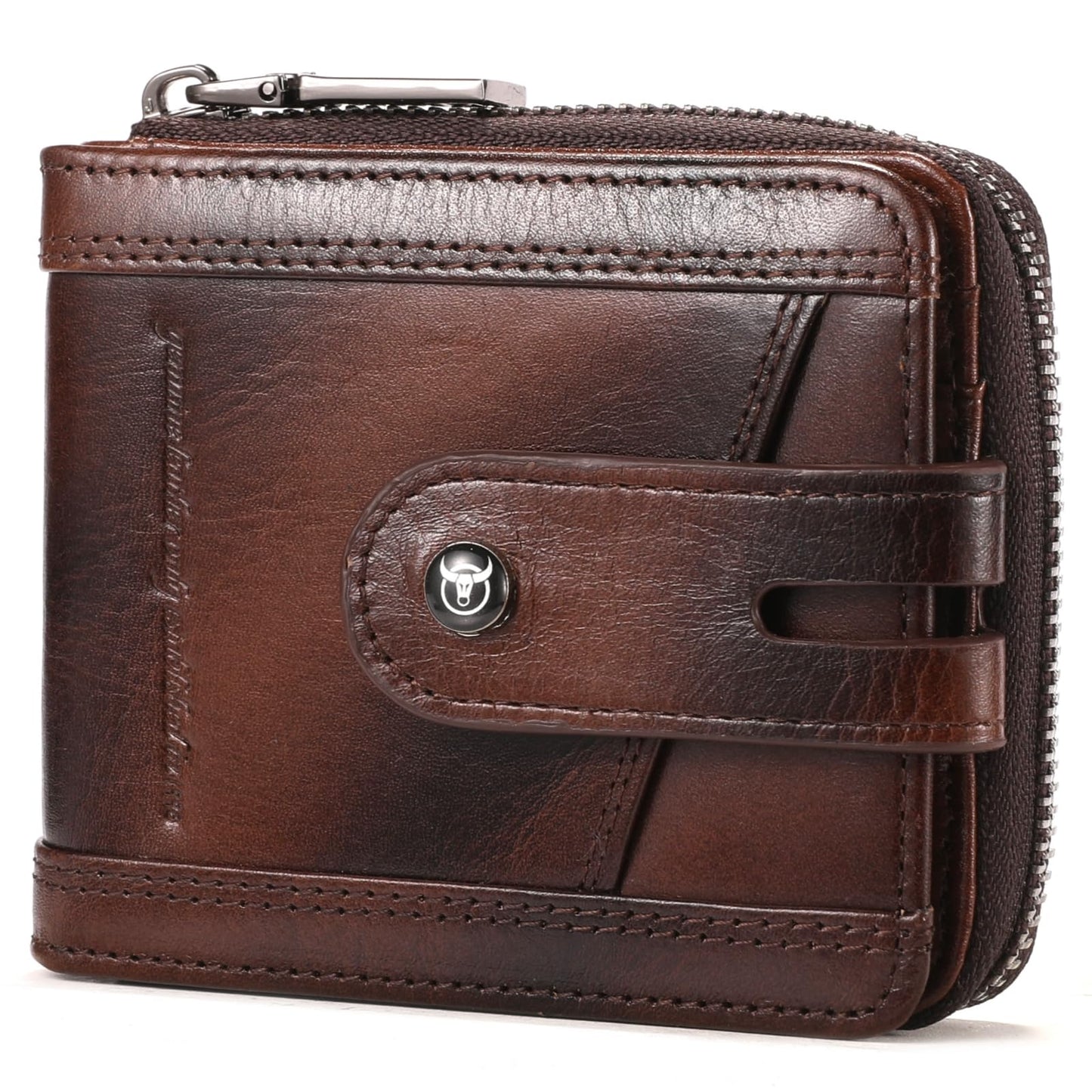 BULLCAPTAIN Genuine Leather Men's Wallet with Zipper Vintage RFID Blocking Large Capacity Wallet for Men with 14 Credit Card Slots and 1 ID Window T23 (Coffee)