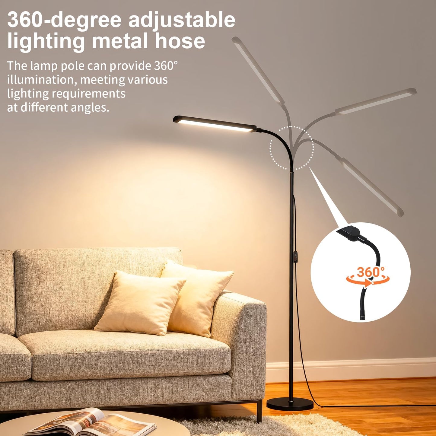 Bright 12W LED Flicker-Free Eye Protection Dimming Floor Lamp,3000-6000k,Gooseneck adjustable Standing Reading Lamp for Living Room Bedroom Bedside Office Classroom Task Craft, Black Modern Light