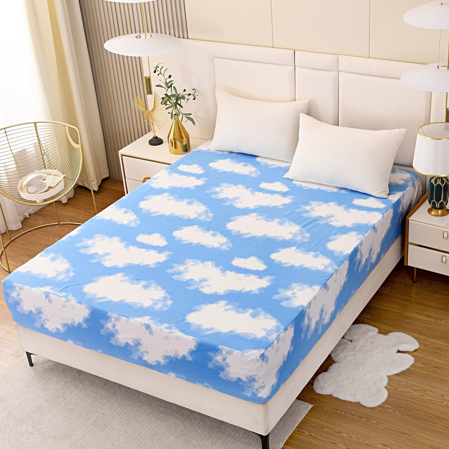 NATURETY Bedding Fitted Sheet with Deep Pocket for Single Bed Mattress Cover Sheets,White Cloud Printed Fabric Bed Sheets (Blue Sky, Queen)