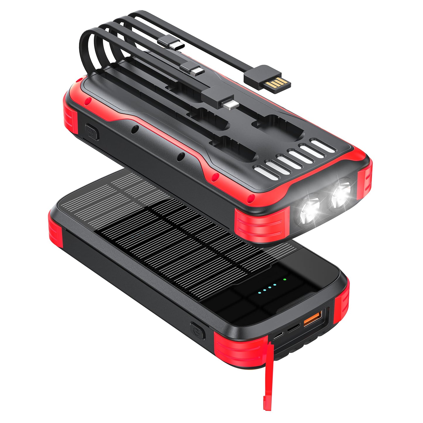 Solar Charger Power Bank, 40000mAh Portable Charger PD 20W Fast Charging Solar Power Bank Built in 4 Cables and USB-C in/Output, Camping Essentials External Battery Pack with Flashlights