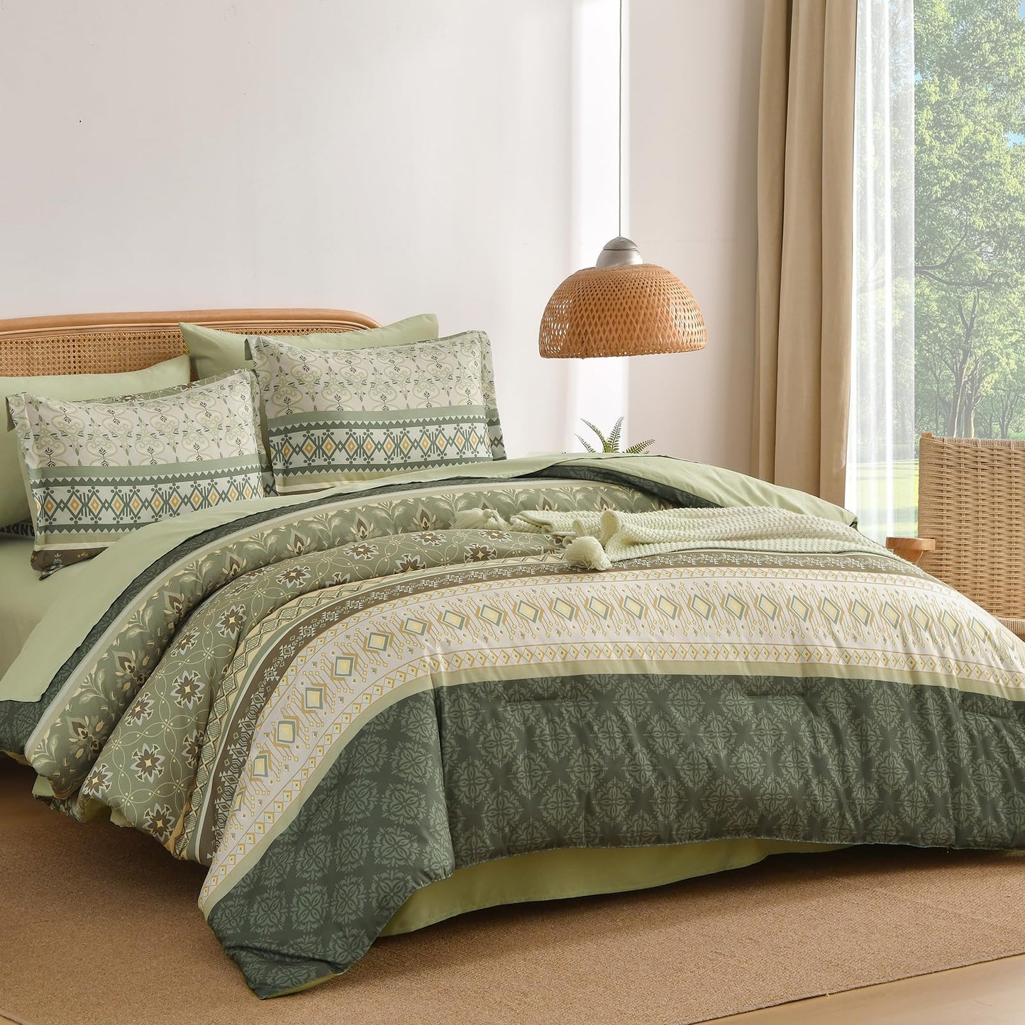 Comforter Set King Size Boho,7 Pieces Bohemian Bedding Comforter Set Striped Bed in a Bag,Grey Green Paisley Floral Comfortet and Sheet Set,Soft Green Gray Bedding Sets for Family