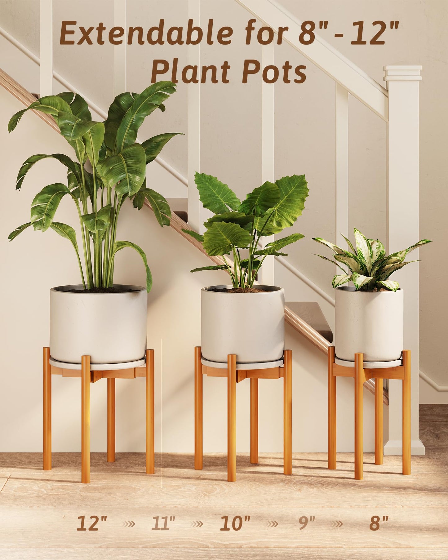 GENTINGBRO Adjustable Plant Stand Indoor, Bamboo Plant Stand Fits 8 9 10 11 12 Inches, Small Corner Planter Holder for Indoor Plants, Single Floor Plant Stands for Living Room Balcony, Light Brown Tall