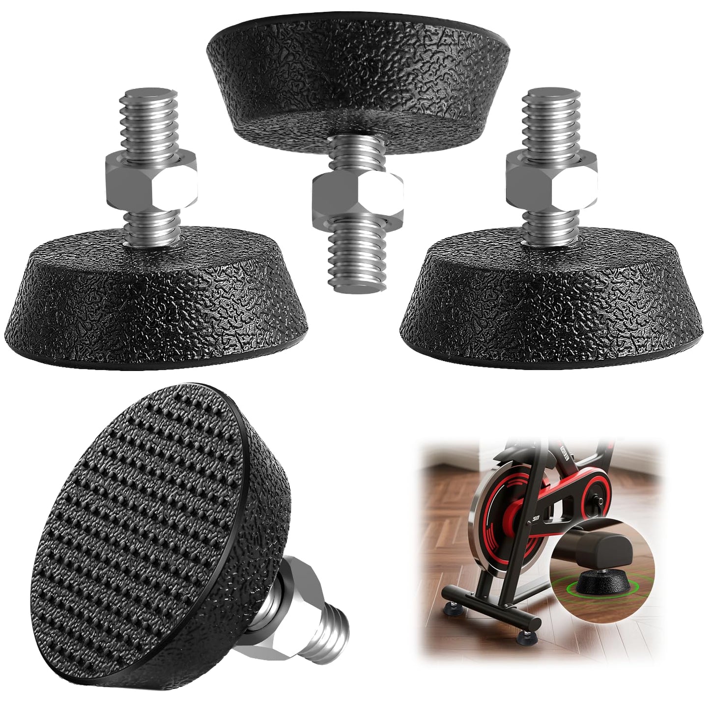 Ztzfacai 4 Pack Exercise Bike Support Foot Pad for Peloton Bike, Upgraded Stainless Steel 3/8" Leveling Screws, Rubber Spin Bike Foot Pads, Non-Slip Shock-Absorbing Replacement Parts, Noise Reduction