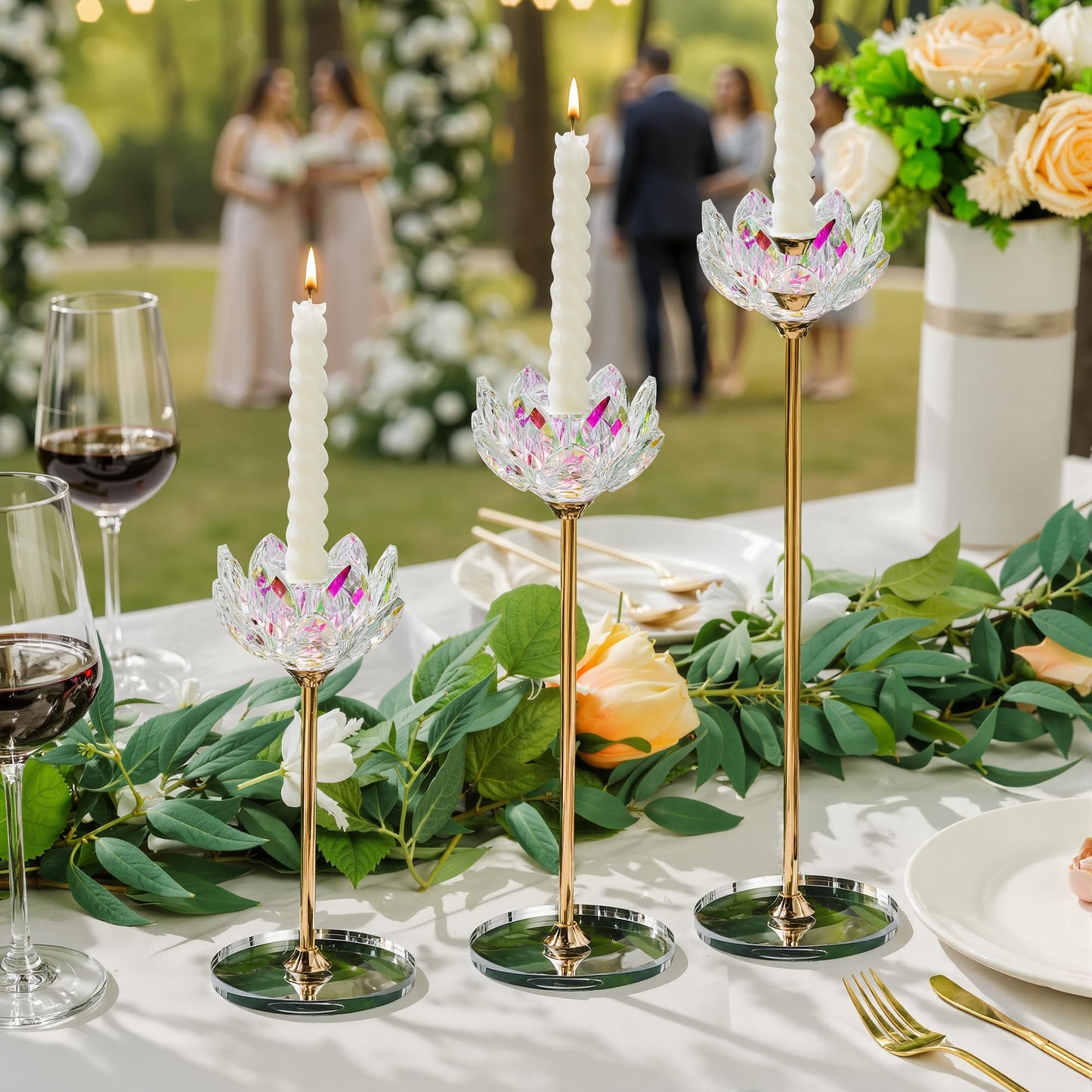 3pcs Crystal Candle Holders, Lotus Flower Candlestick Holders with Mirror Base, Metal Stand, Elegant Table Centerpieces for Home Decor, Wedding, Party (Taper Candle)