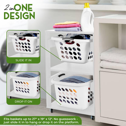Laundry Basket Holder Shelf – Stackable Engineered Wood Laundry Tower with Wheels, Tiered Laundry Hamper Organizer for Bathroom, Bedroom, Closet (White, 2 Tier)