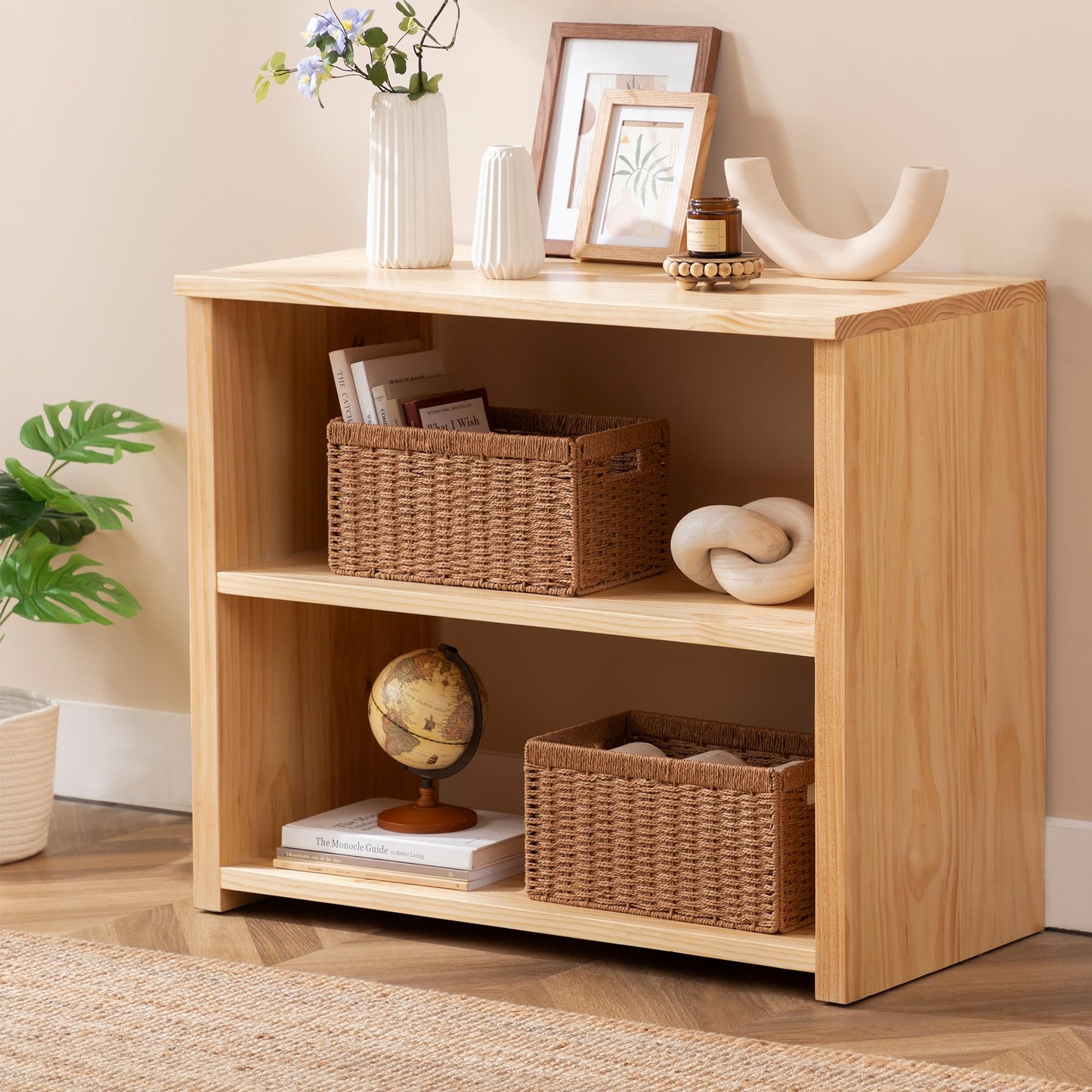 UBBCARE 2 Pack Wicker Basket, 13.4L×8.3H×7.1W inch Woven Paper Rope Storage Baskets for shelves, Foldable Rectangular Storage Baskets with Handle, Storage Basket for Organizing, Caramel