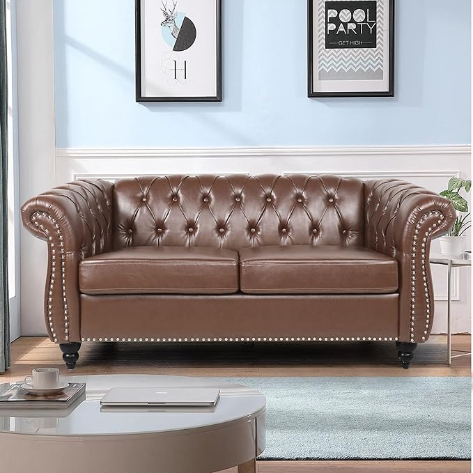 LEVNARY Leather Sofa, Chesterfield Tufted Upholstered 2 Seater Couch, Modern