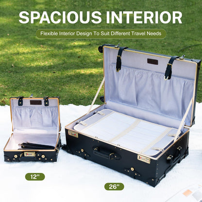 urecity Designer Vintage Trunk Combination Luggage Sets of 2 Piece, Hard Shell Retro Travel Suitcase with Wheels (Black, 20"+12")