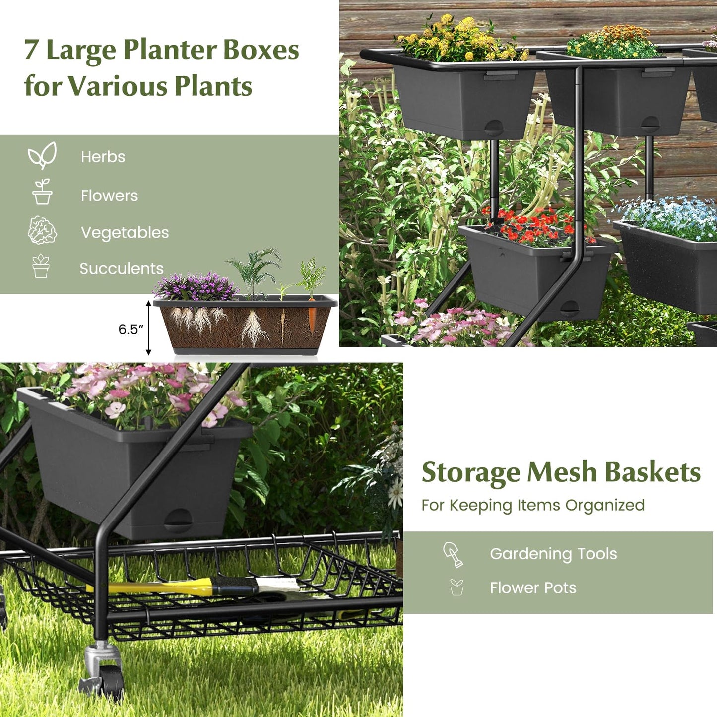 Giantex Rolling Raised Garden Bed w/ 7 Planter Boxes, Storage Baskets, Drainage Holes, 4 Lockable Casters, 3-Tier Freestanding Elevated Planter for Strawberry Vegetable Flower Herb