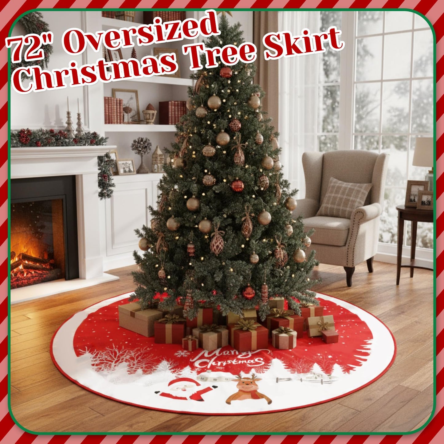 Sosation 72 Inches Large Christmas Tree Skirt Red Xmas Tree Ornaments with Snowy Pattern Soft Plush Reindeer Snowflake Holiday Party Mat for Merry Christmas Party Winter Holiday Home Decorations