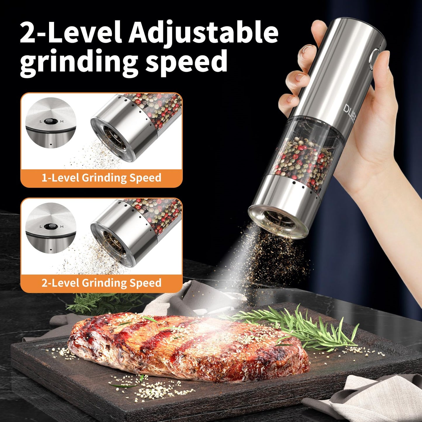 Electric Salt and Pepper Grinder Set,USB Rechargeable Pepper Mill with 6 Coarseness Settings, Automatic One-Touch Operation, Large Capacity Stainless Steel Spice Mills for Kitchen (2 Pack, Silver)