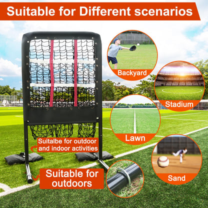 9 Hole Pitching Net with Strike Zone and Handbag, Fixed by 4 Ground Stakes & 2 Sandbags. Adjustable Heights (39-46in) for Pitching Target Net, Softball Training