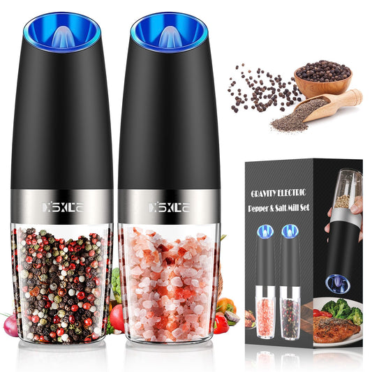XinXu Gravity Automatic Electric Pepper and Salt Grinder, Auto Salt or Pepper Mill Shaker Stainless Steel,Blue LED Light,One Hand Operated, Black