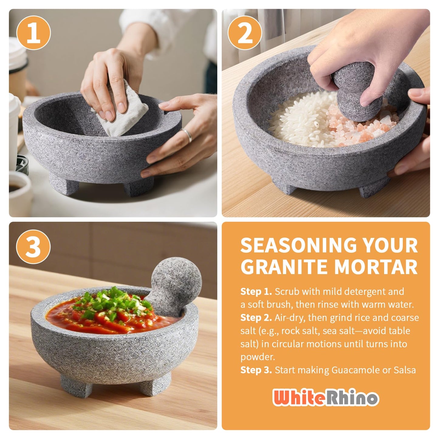 WhiteRhino Mortar and Pestle Set, 4 Cup Natural Unpolished Granite Molcajete Mexicano, 8-in Extra Large Guacamole Bowl, Motar Pestel Stone Grinder for Guacamole, Salsa, Spices, Herbs, Seasonings
