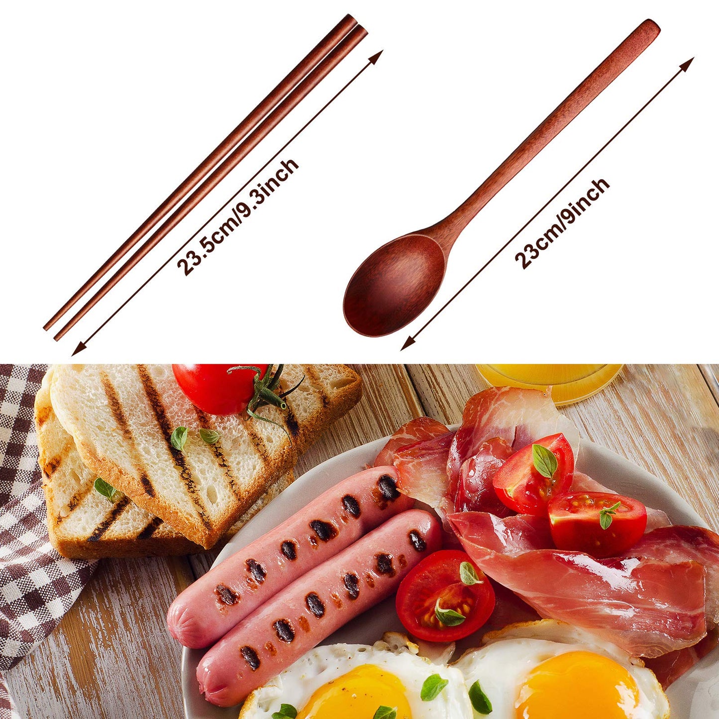 Wooden Spoon and Chopsticks Set Long Handle Spoon Chopstick Flatware Reusable Tableware Combination Utensils for Eating Food, 9.3 Inch (8)