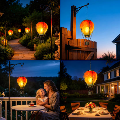 Hot Air Balloon Solar Lantern Outdoor Waterproof with Flickering Flame Light, Solar Powered Light for Garden Patio Yard Pathway Porch - Pink & Blue (1 Pack)