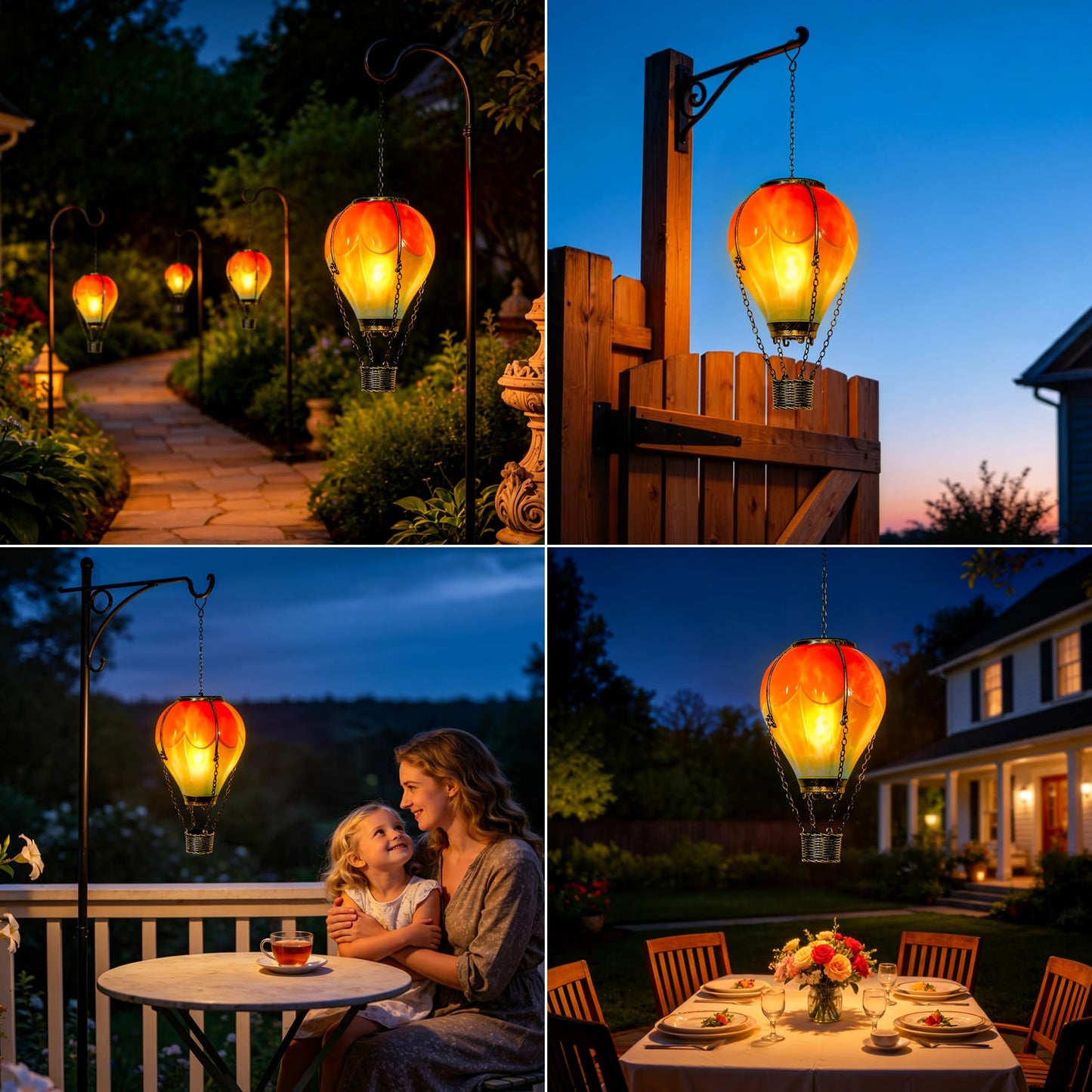 Hot Air Balloon Solar Lantern Outdoor Waterproof with Flickering Flame Light, Solar Powered Light for Garden Patio Yard Pathway Porch - Pink & Blue (1 Pack)