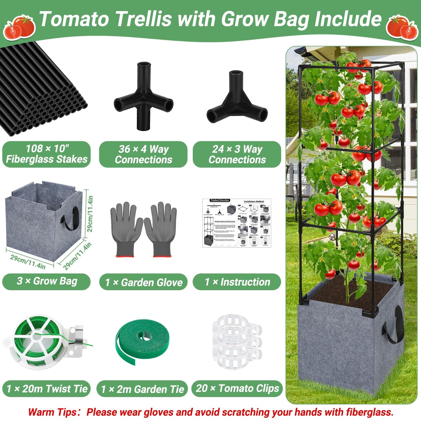 Qinzave 3 Pack Square Tomato Cages with Grow Bags, 42.5 Inch Stable Square Tomato Planter Support Stakes Kit for Garden, Tomato Cages Trellis Pots for Spring Climbing Vegetables Fruits Vines Flowers