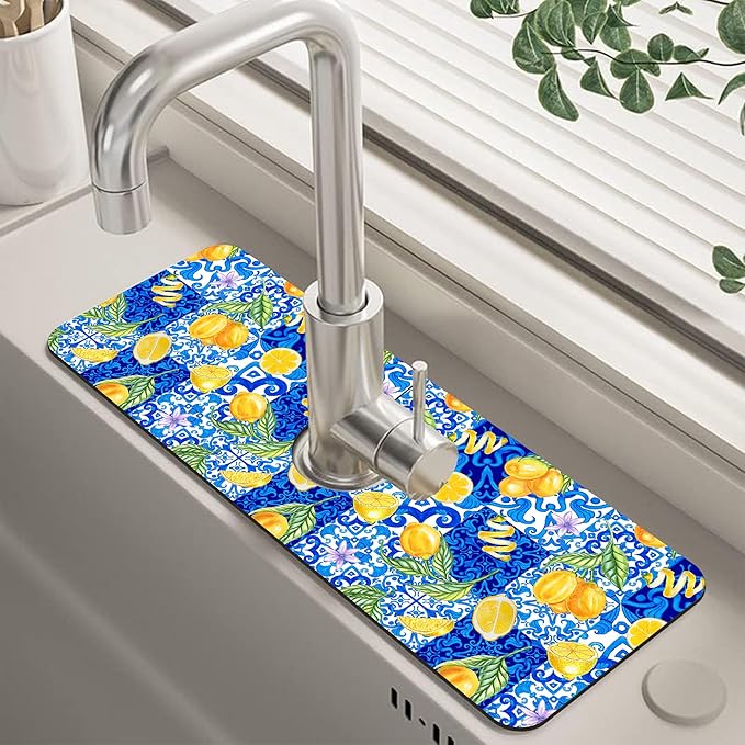 Blue Tiles and Yellow Lemon Sink Faucet Absorbing Mat Sink Splash Guard Faucet