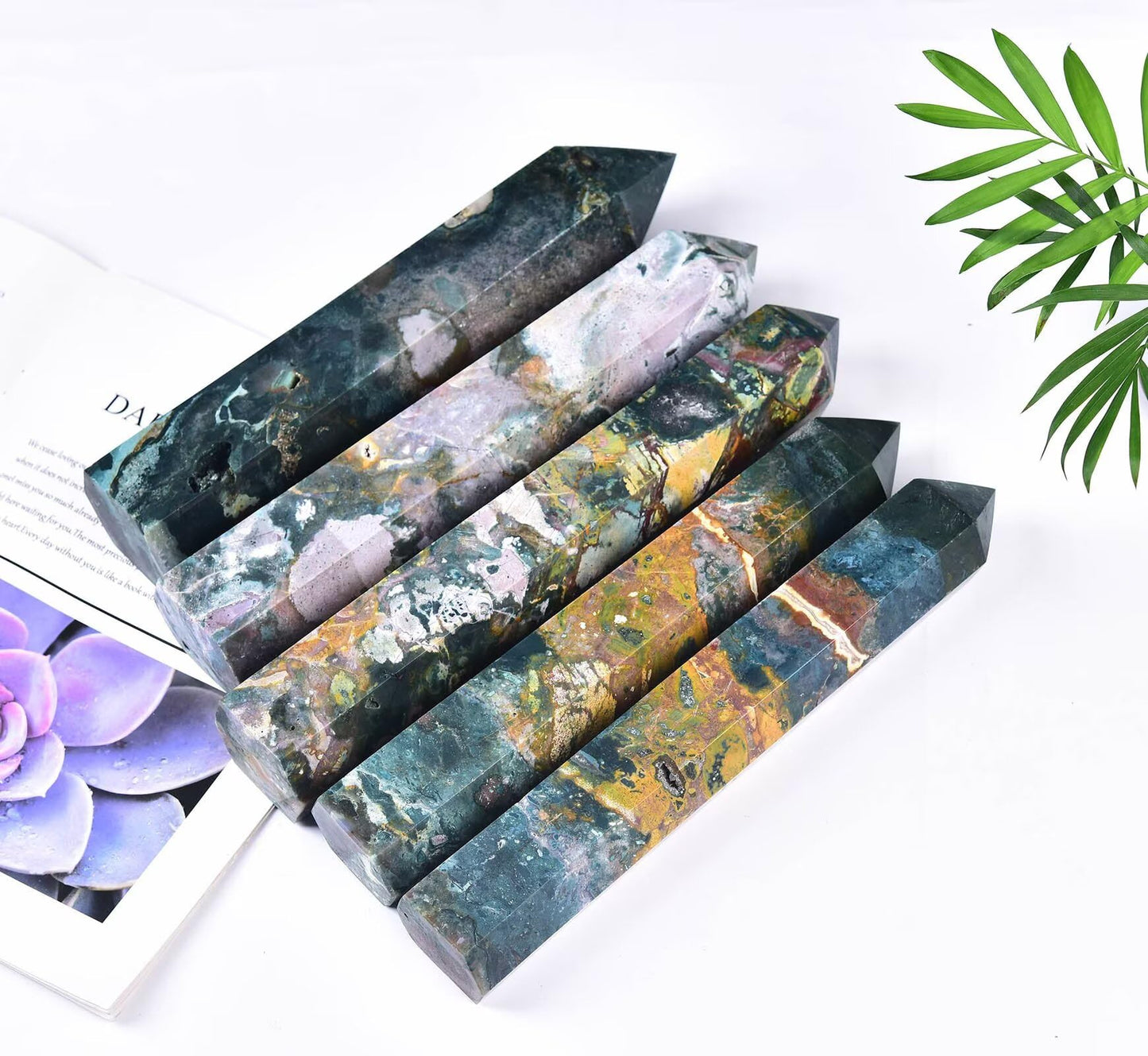 AMOYSTONE Large Ocean Jasper Stone Wand Healing Crystal Obelisk Tower 6 Faceted Column Reiki Chakra Meditation Therapy 2.2-2.6 LBS
