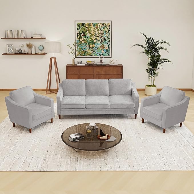 Kingfun Living Room Furniture Sets, 3 Seater Couch and 2 Armchair, Mid Century