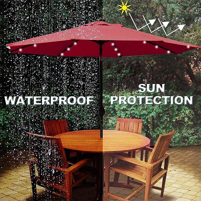 Blissun 9 ft Solar Umbrella, 32 LED Lighted Patio Umbrella, Table Market Umbrella, Outdoor Umbrella for Garden, Deck, Backyard, Pool and Beach (Red)