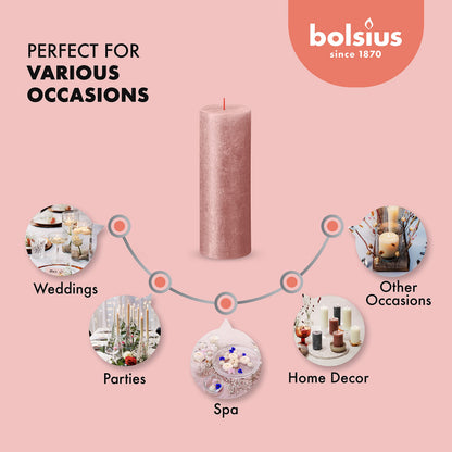 BOLSIUS Pink Shimmer Metallic Pillar Candles 4 Pack - 2.75 X 7.5 Inches - Premium European Quality - Includes Natural Plant-Based Wax - Unscented Dripless Smokeless 85 Hour Party & Wedding Candles