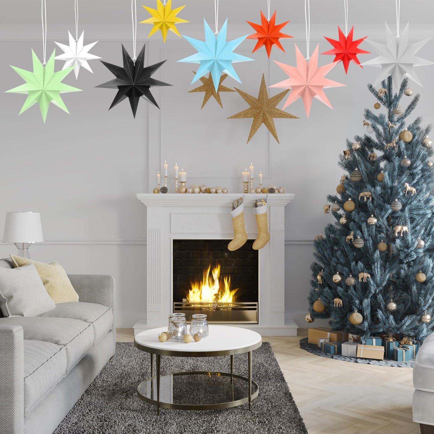 MECCANIXITY 5 Pcs Paper Star Lanterns 9-Pointed 12" Hanging Star Paper Lantern Hanging Lampshade for Christmas,Wedding,Graduation Party Supplies, Gold