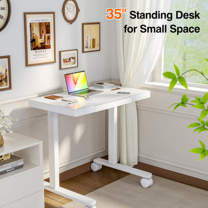 Monomi 35" Glass Standing Desk with Drawer and USB Ports, Electric Height Adjustable Desk for Home Office, White Sit Stand Table with Storage, Easy Assembly Computer Desk for Small Spaces