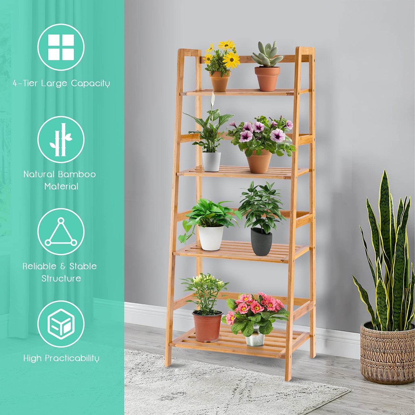 Giantex 4-Tier Bamboo Plant Stand Flower Pots Holder Display Shelf, 47.5inch Ladder Shelf Plants Organizer Rack for Patio Balcony Garden Home, Bookcase Planter Storage Shelving Unit Indoor Outdoor