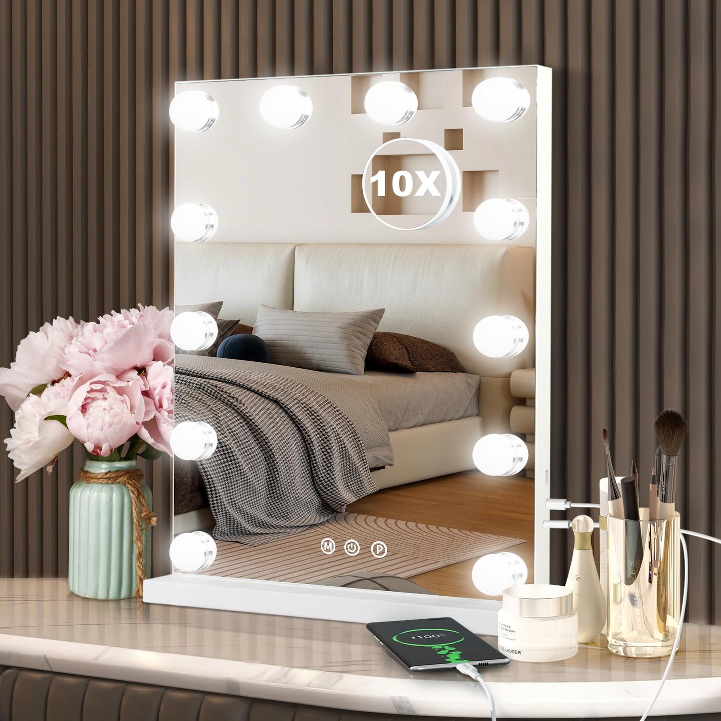 Hollywood Vanity Mirror with Lights, 15 Dimmable Bulbs, 3 Color Lights,Make Up Lighted Mirror, Aluminum Metal Frame, USB Charging Port（23" x 18"）