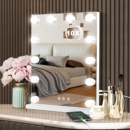 Hollywood Vanity Mirror with Lights, 15 Dimmable Bulbs, 3 Color Lights,Make Up Lighted Mirror, Aluminum Metal Frame, USB Charging Port（23" x 18"）