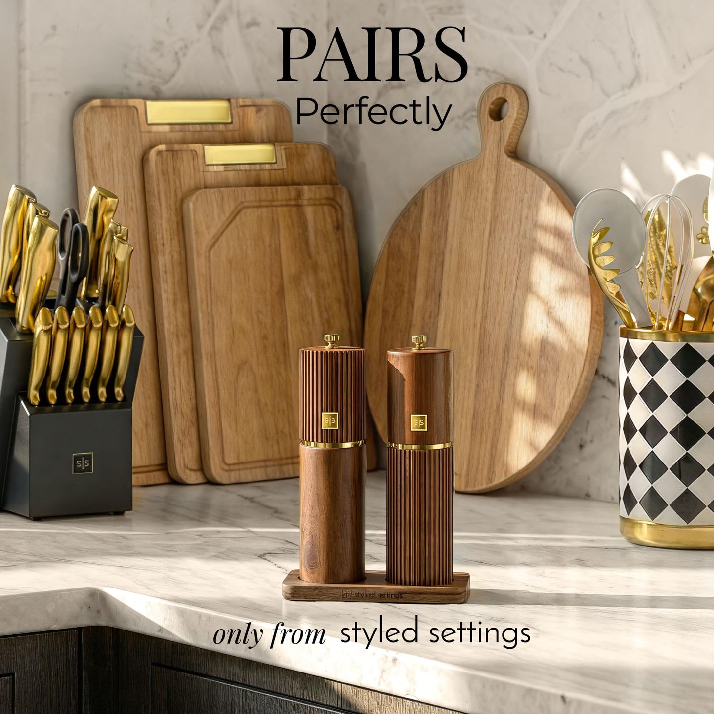 Wooden Salt and Pepper Grinder Set – Refillable Manual Salt and Pepper Mills with Adjustable Ceramic Burrs, Gold Detailing, and Wood Stand – Dark Wood