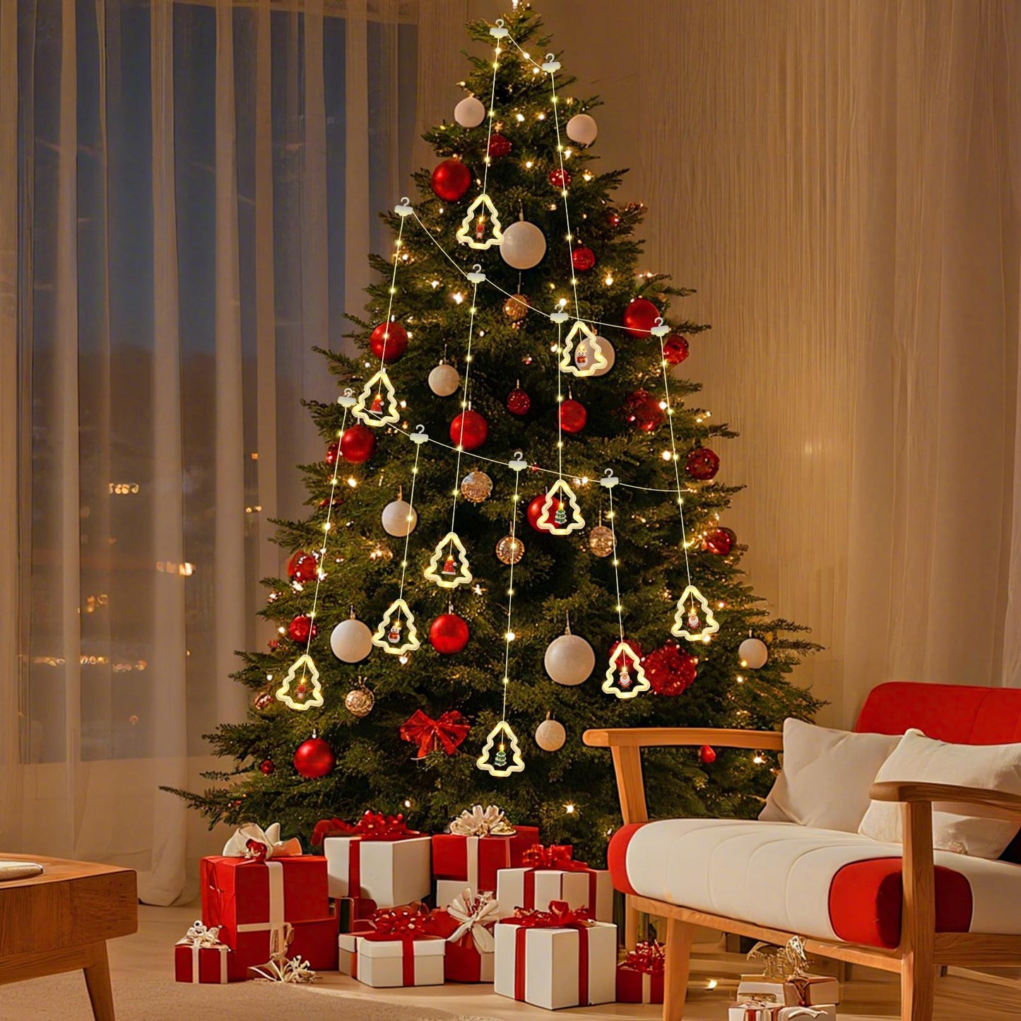 BomKra Christmas Tree Curtain Lights, Christmas Window Lights Decor with Remote,8 Lighting Modes, IP65 Waterproof, 10 Hooks Christmas Decorations Indoor Outdoor for Bedroom Party Wall Door Window