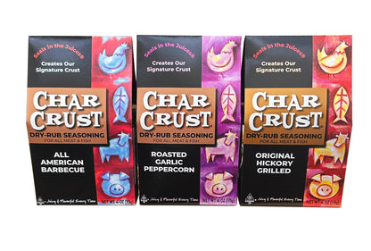 Char Crust Dry-Rub Seasoning Grilling Gift Set | All American BBQ, Roasted Garlic Peppercorn, Original Hickory Grilled | BBQ Rubs for Steak, Chicken, Burgers, Fish, 4 oz Each (Pack of 3)